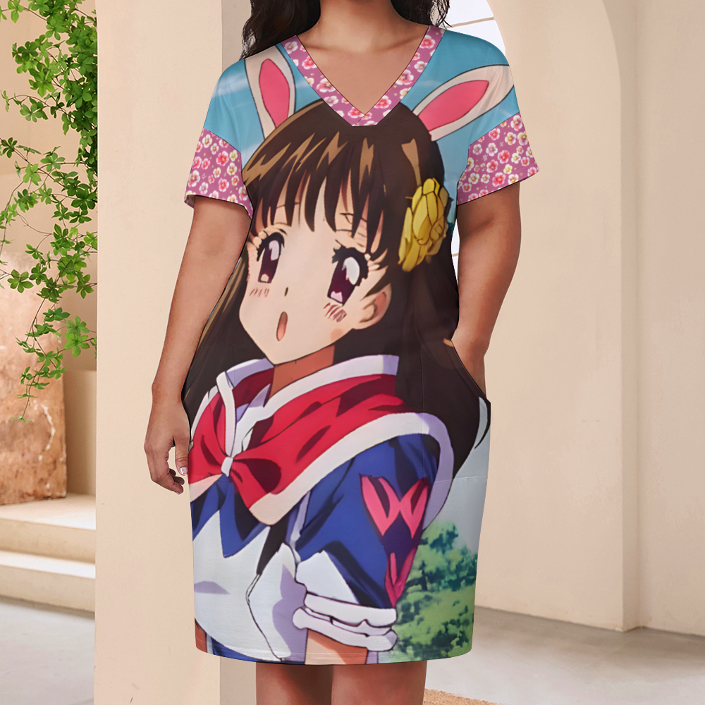 Retro Anime G01 V-neck Loose Dress with Pockets