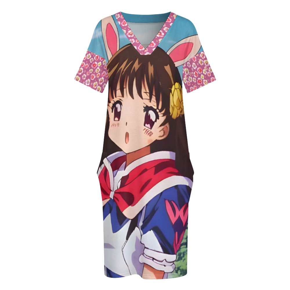 Retro Anime G01 V-neck Loose Dress with Pockets